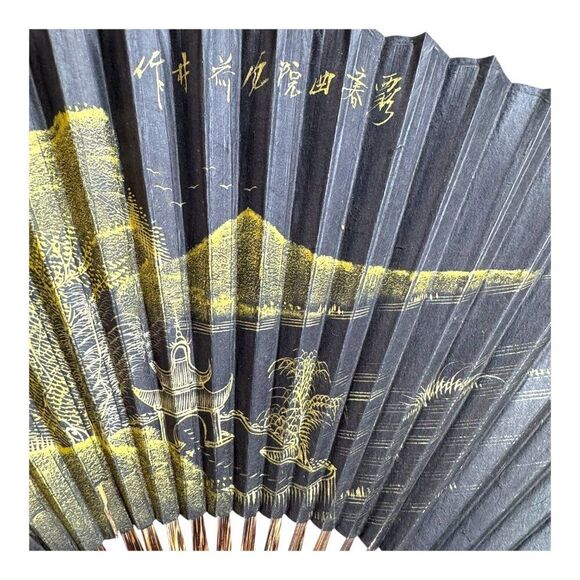 Handcrafted Black & Gold Asian Oriental Folding Fan Scenic Landscape Design 18" - Picture 3 of 7